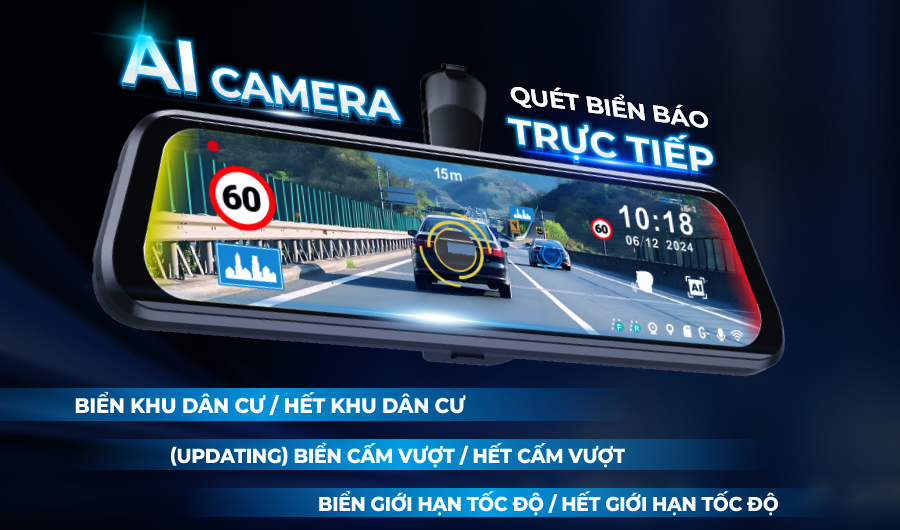Gương điện tử AI ADAS UTOUR C3M hiển thị tính năng quét biển báo giao thông thời gian thực, giúp nhận diện giới hạn tốc độ và biển cấm chính xác.